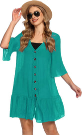 Avidlove Lässiger Badeüberzug mit V-Ausschnitt, Sommer-Strandmode, fließendes kurzärmliges Mini-Strandkleid